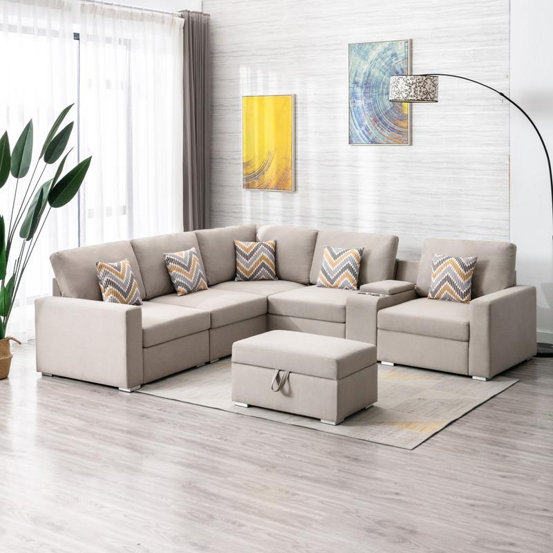 Nolan Beige Linen Fabric 7Pc Reversible Sectional Sofa with Interchangeable Legs, Pillows, Storage Ottoman, and a USB, Charging Ports, Cupholders and Storage Console Table. Picture 4