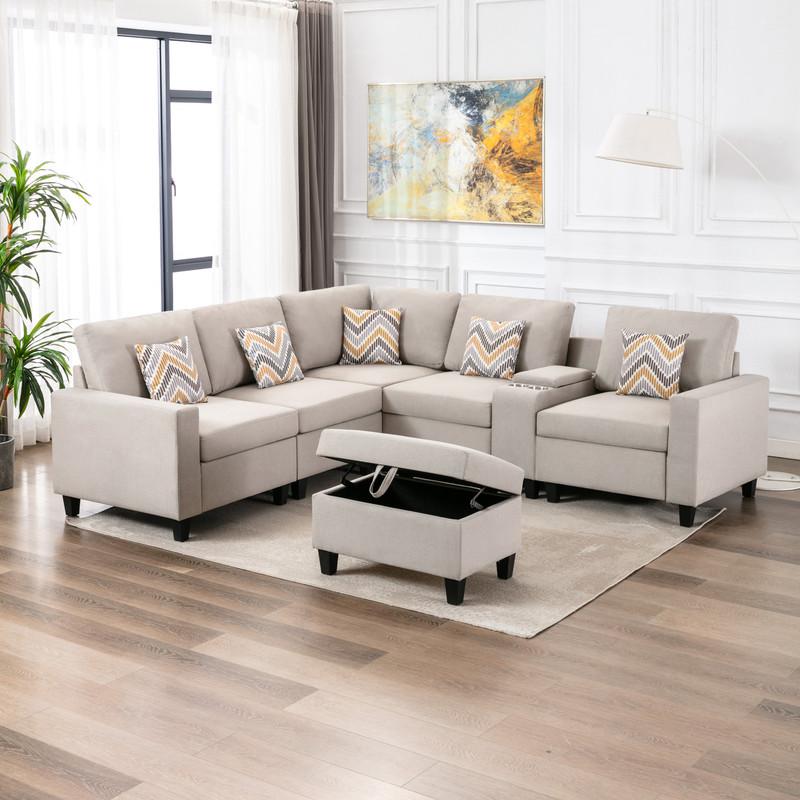 Nolan Beige Linen Fabric 7Pc Reversible Sectional Sofa with Interchangeable Legs, Pillows, Storage Ottoman, and a USB, Charging Ports, Cupholders and Storage Console Table. Picture 3