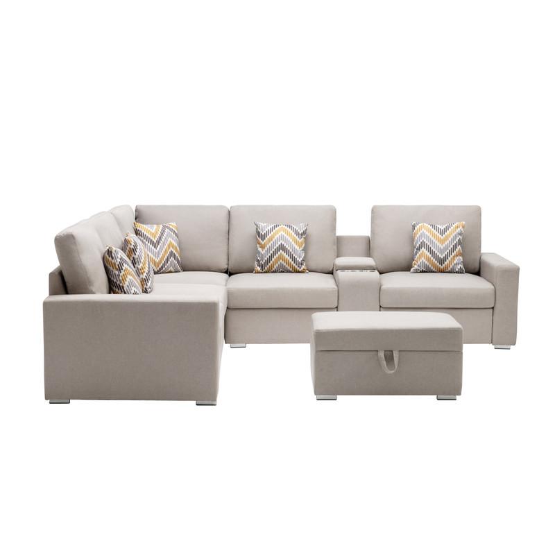 Nolan Beige Linen Fabric 7Pc Reversible Sectional Sofa with Interchangeable Legs, Pillows, Storage Ottoman, and a USB, Charging Ports, Cupholders and Storage Console Table. Picture 2