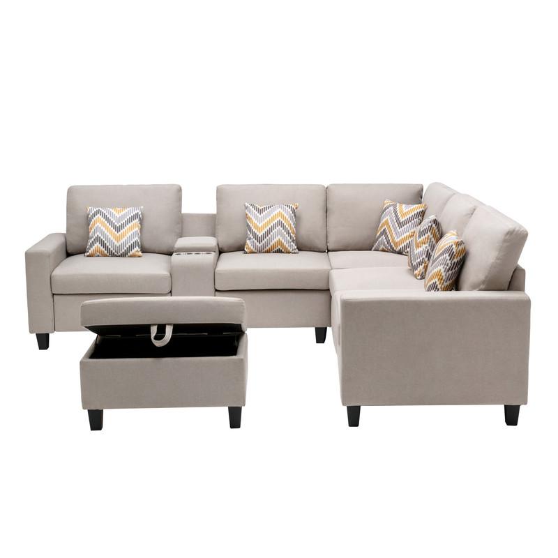 Nolan Beige Linen Fabric 7Pc Reversible Sectional Sofa with Interchangeable Legs, Pillows, Storage Ottoman, and a USB, Charging Ports, Cupholders, Storage Console Table. Picture 6
