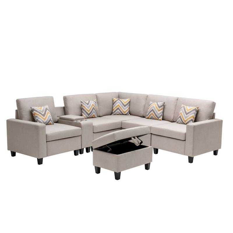 Nolan Beige Linen Fabric 7Pc Reversible Sectional Sofa with Interchangeable Legs, Pillows, Storage Ottoman, and a USB, Charging Ports, Cupholders, Storage Console Table. Picture 5