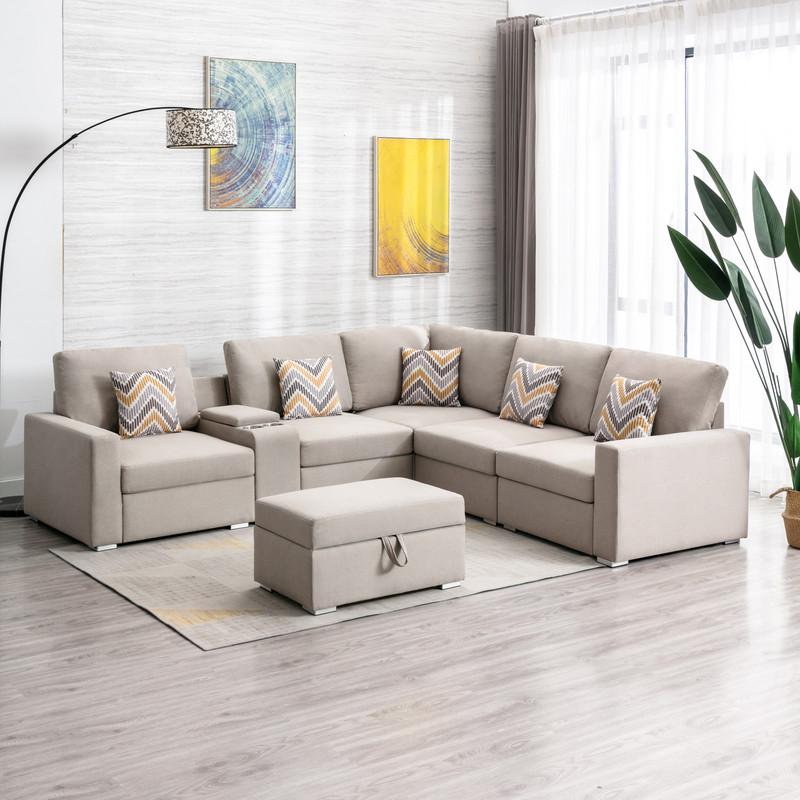 Nolan Beige Linen Fabric 7Pc Reversible Sectional Sofa with Interchangeable Legs, Pillows, Storage Ottoman, and a USB, Charging Ports, Cupholders, Storage Console Table. Picture 2