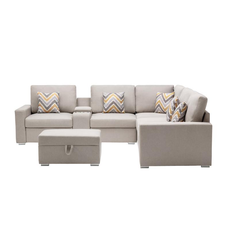 Nolan Beige Linen Fabric 7Pc Reversible Sectional Sofa with Interchangeable Legs, Pillows, Storage Ottoman, and a USB, Charging Ports, Cupholders, Storage Console Table. Picture 3