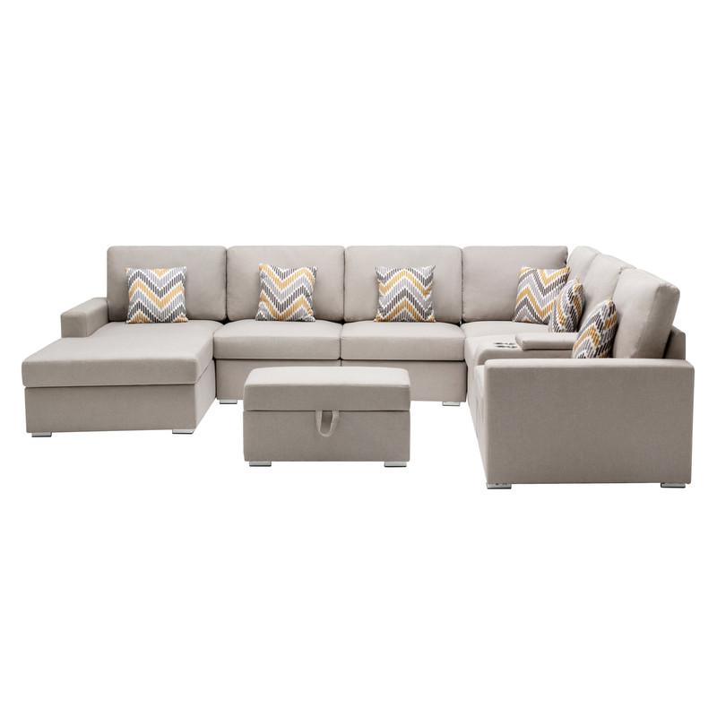 Nolan Beige Linen Fabric 8Pc Reversible Chaise Sectional Sofa with Interchangeable Legs and Pillows, Storage Ottoman, and a USB, Charging Ports, Cupholders, Storage Console Table. Picture 2