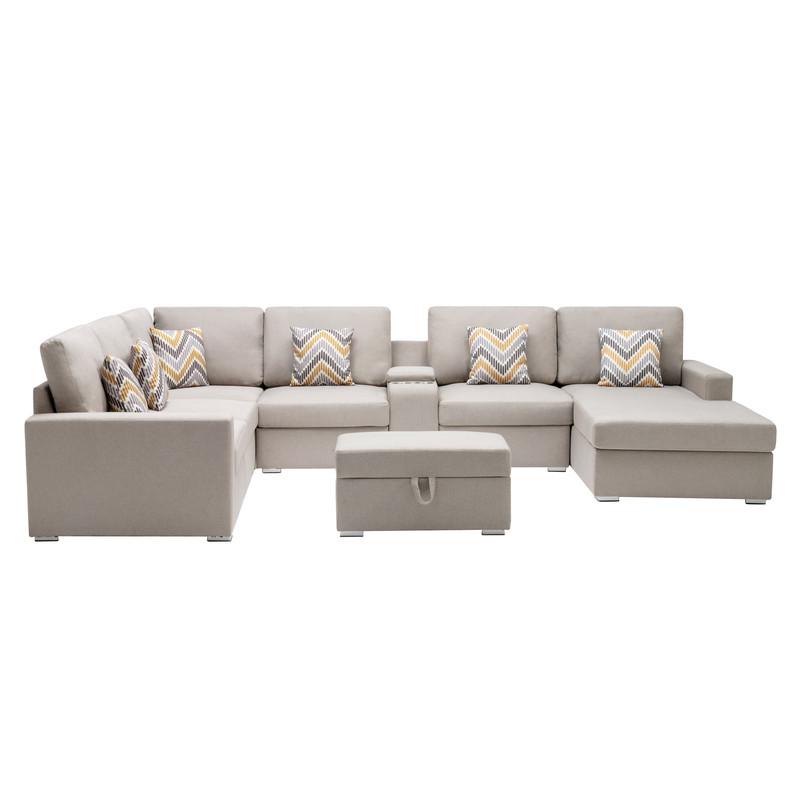 Nolan Beige Linen Fabric 8Pc Reversible Chaise Sectional Sofa with Interchangeable Legs, Pillows and Storage Ottoman, and a USB, Charging Ports, Cupholders, Storage Console Table. Picture 2