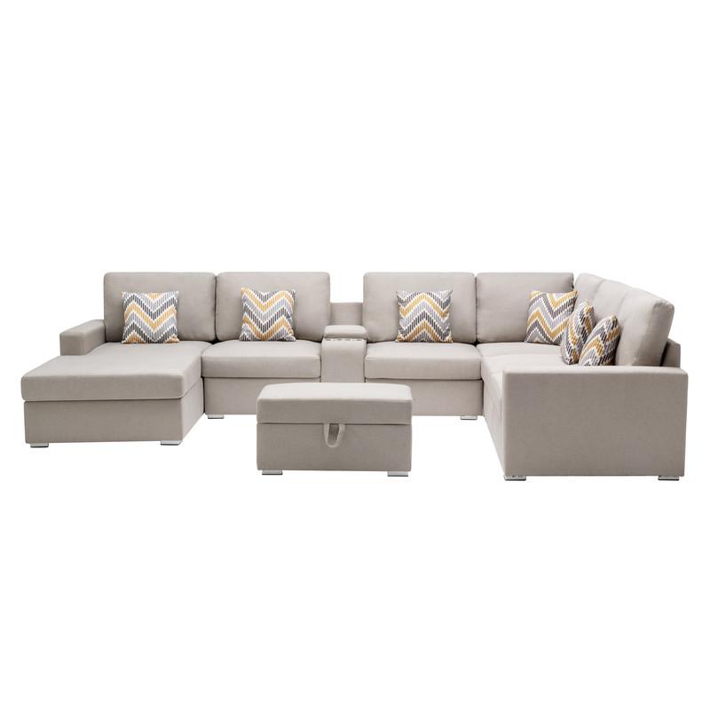 Nolan Beige Linen Fabric 8Pc Reversible Chaise Sectional Sofa with Interchangeable Legs, Pillows, Storage Ottoman, and a USB, Charging Ports, Cupholders, Storage Console Table. Picture 3