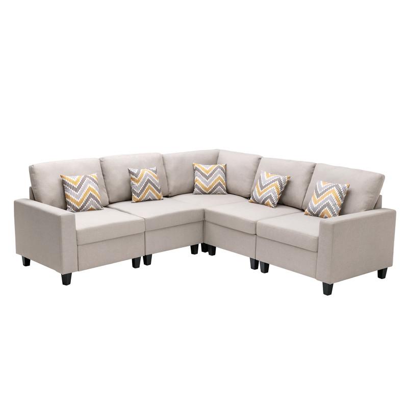 Nolan Beige Linen Fabric 5Pc Reversible Sectional Sofa with Pillows and Interchangeable Legs. Picture 5