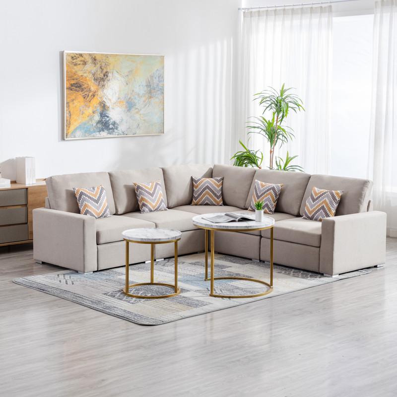Nolan Beige Linen Fabric 5Pc Reversible Sectional Sofa with Pillows and Interchangeable Legs. Picture 2