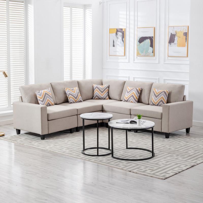 Nolan Beige Linen Fabric 5Pc Reversible Sectional Sofa with Pillows and Interchangeable Legs. Picture 4