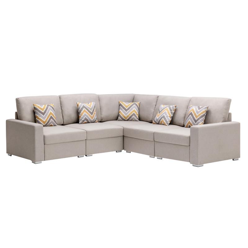 Nolan Beige Linen Fabric 5Pc Reversible Sectional Sofa with Pillows and Interchangeable Legs. The main picture.