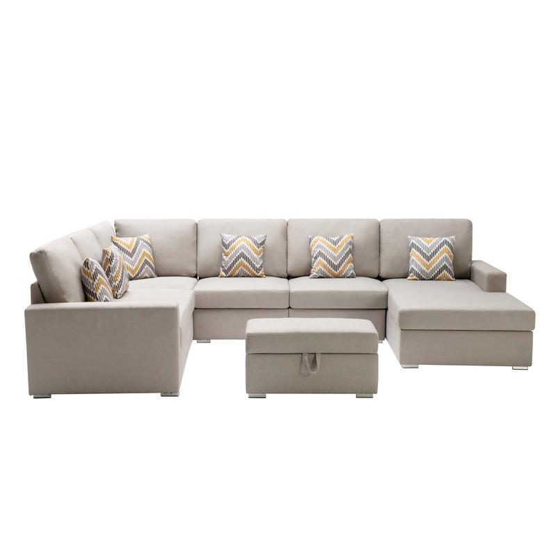 Nolan Beige Linen Fabric 7 Pc Reversible Chaise Sectional Sofa with Interchangeable Legs, Pillows and Storage Ottoman. Picture 3