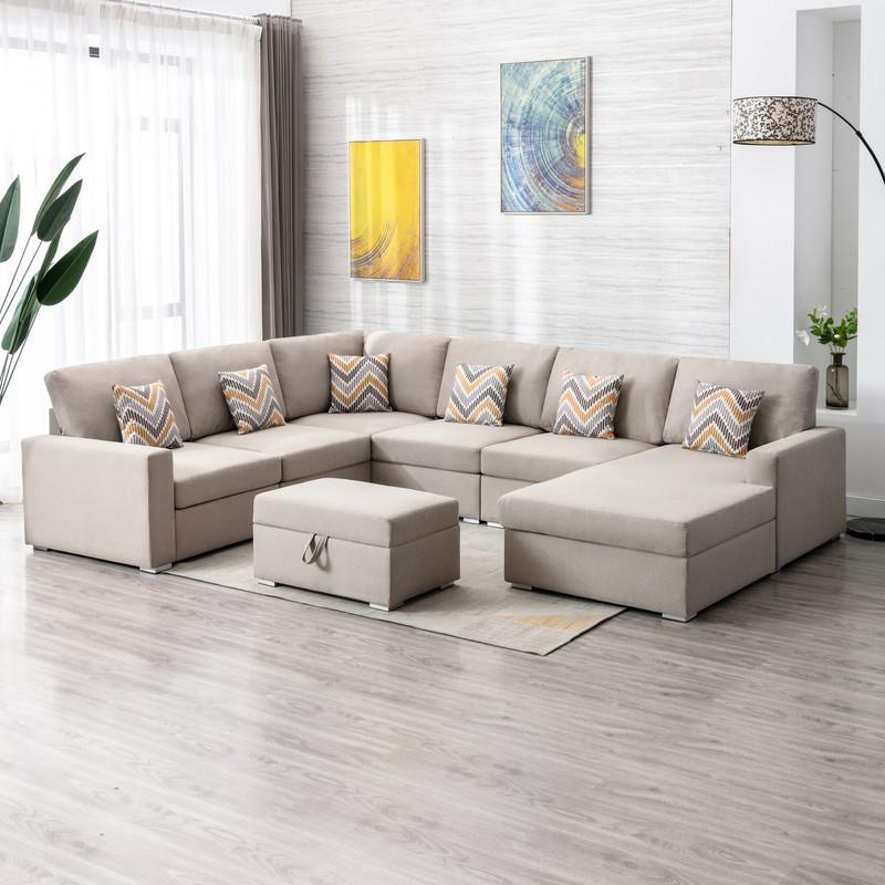Nolan Beige Linen Fabric 7 Pc Reversible Chaise Sectional Sofa with Interchangeable Legs, Pillows and Storage Ottoman. Picture 2
