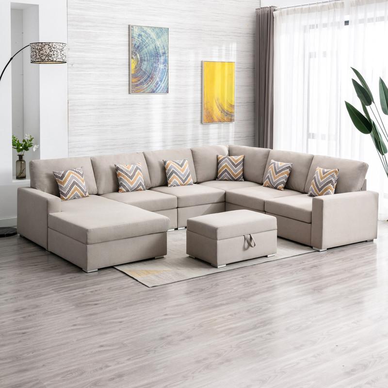 Nolan Beige Linen Fabric 7Pc Reversible Chaise Sectional Sofa with Interchangeable Legs, Pillows and Storage Ottoman. Picture 4