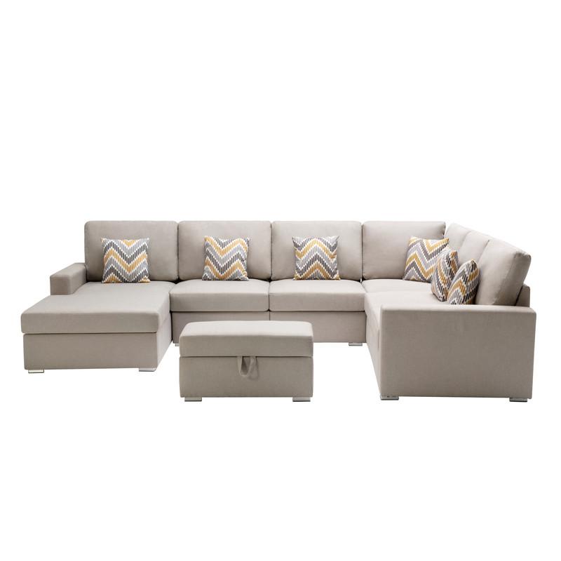 Nolan Beige Linen Fabric 7Pc Reversible Chaise Sectional Sofa with Interchangeable Legs, Pillows and Storage Ottoman. Picture 2