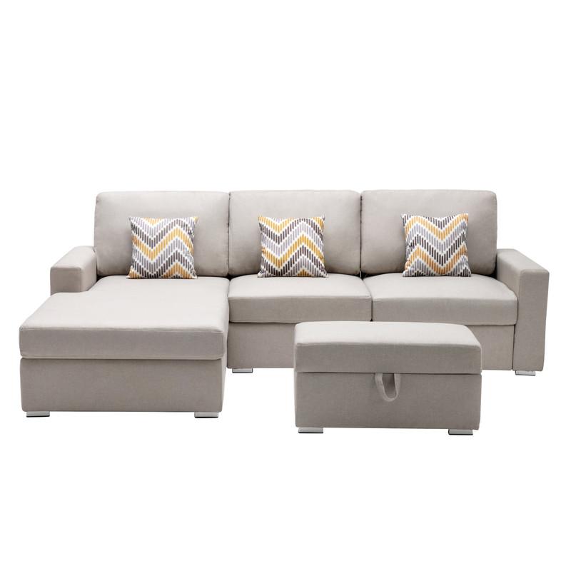 Nolan Beige Linen Fabric 4 Pc Reversible Sofa Chaise with Interchangeable Legs, Storage Ottoman, and Pillows. Picture 2