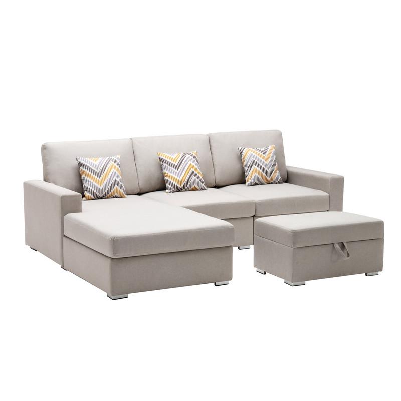 Nolan Beige Linen Fabric 4 Pc Reversible Sofa Chaise with Interchangeable Legs, Storage Ottoman, and Pillows. Picture 1