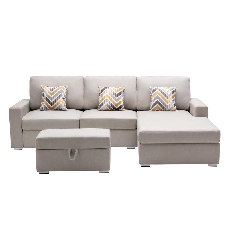 Nolan Beige Linen Fabric 4Pc Reversible Sofa Chaise with Interchangeable Legs, Storage Ottoman, and Pillows. Picture 2