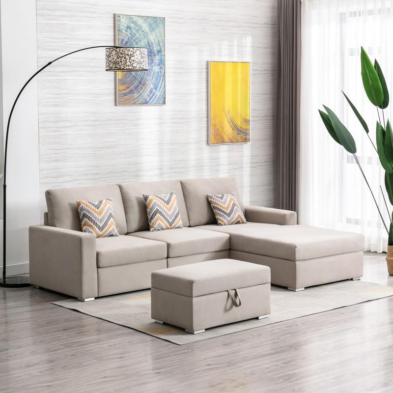 Nolan Beige Linen Fabric 4Pc Reversible Sofa Chaise with Interchangeable Legs, Storage Ottoman, and Pillows. Picture 4