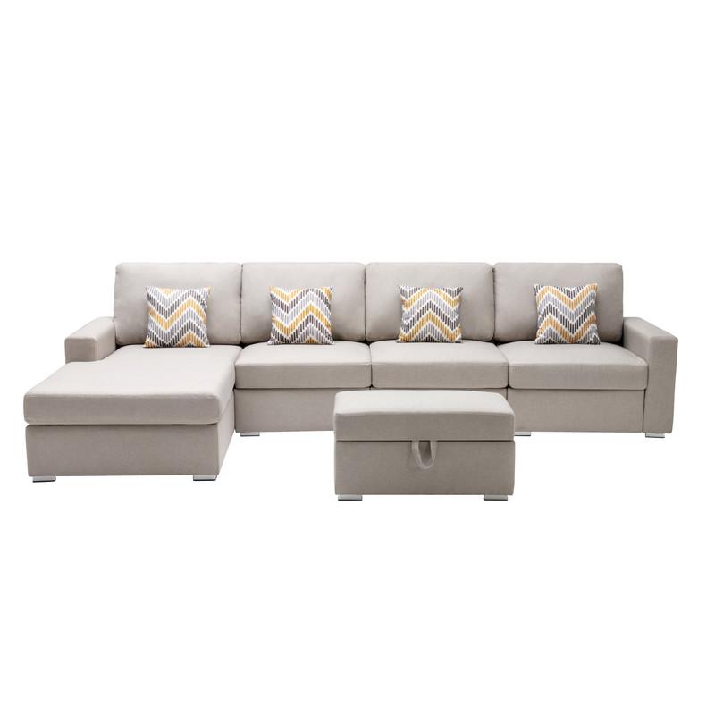 Nolan Beige Linen Fabric 5 Pc Reversible Sofa Chaise with Interchangeable Legs, Storage Ottoman, and Pillows. Picture 3