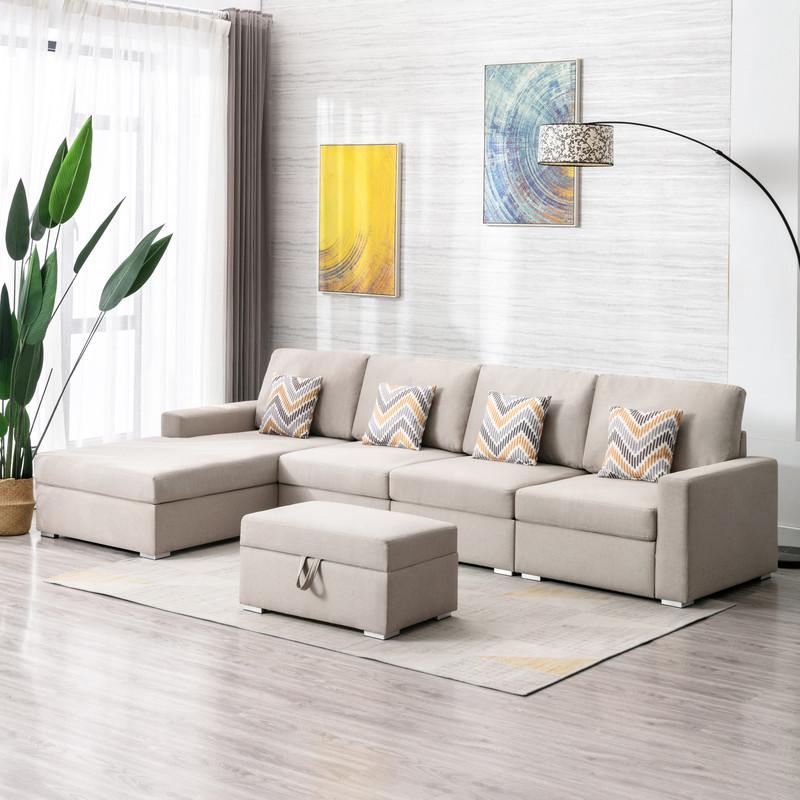 Nolan Beige Linen Fabric 5 Pc Reversible Sofa Chaise with Interchangeable Legs, Storage Ottoman, and Pillows. Picture 2