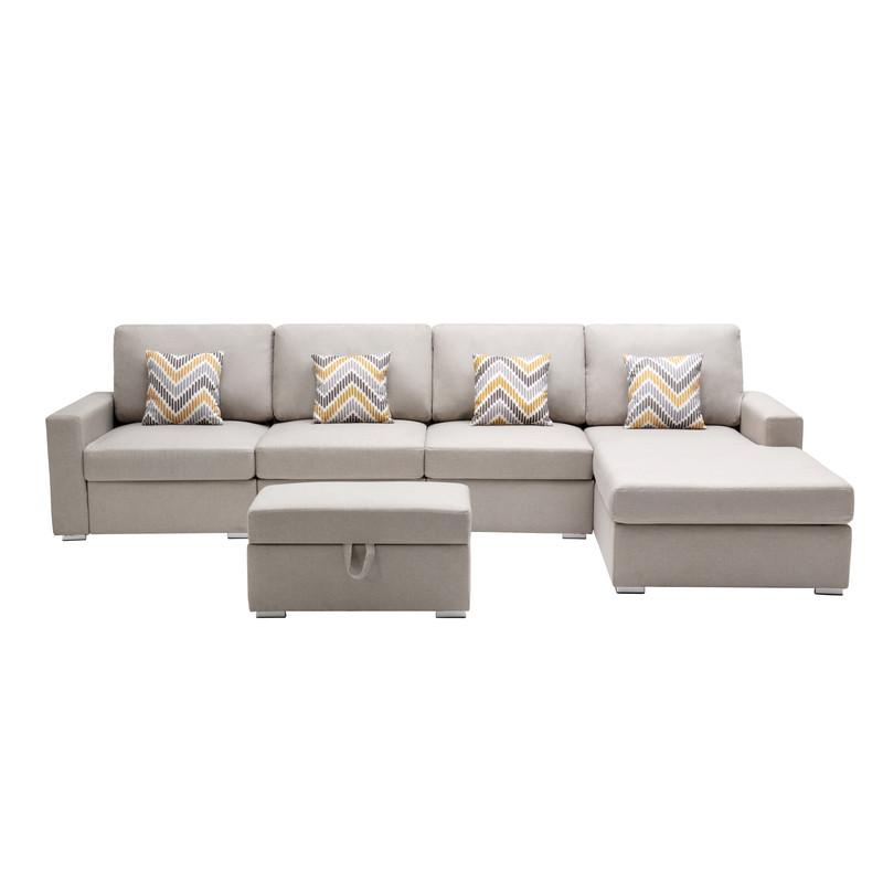 Nolan Beige Linen Fabric 5Pc Reversible Sofa Chaise with Interchangeable Legs, Storage Ottoman, and Pillows. Picture 3