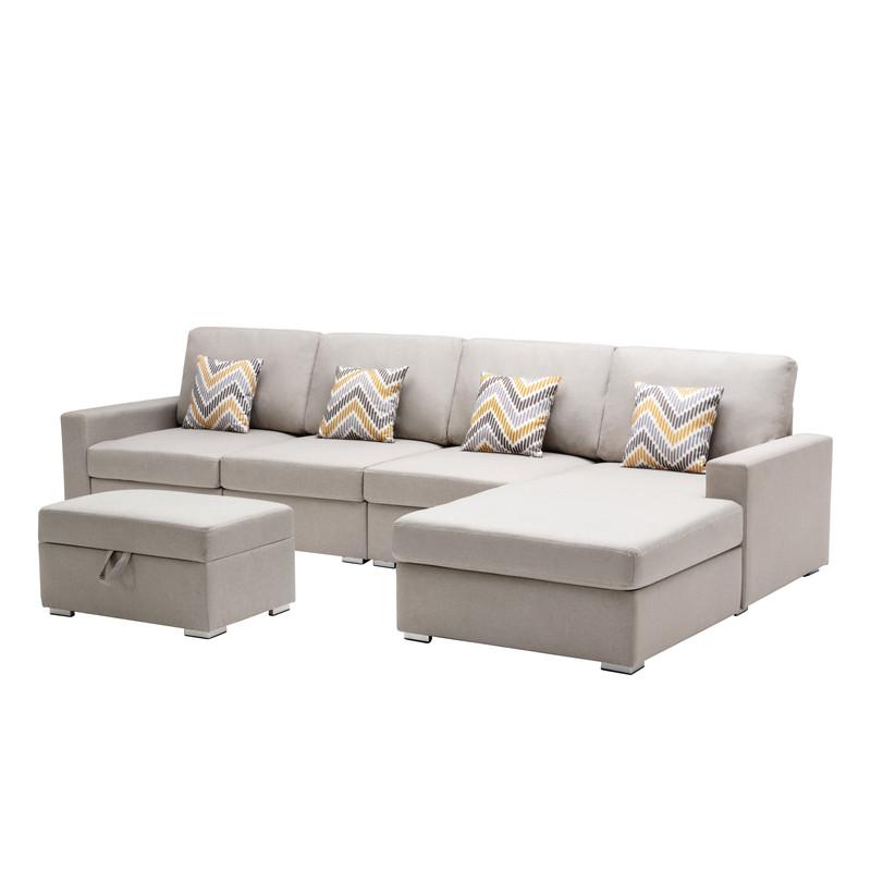Nolan Beige Linen Fabric 5 Pc Reversible Sofa Chaise with Interchangeable Legs, Storage Ottoman, and Pillows. Picture 7