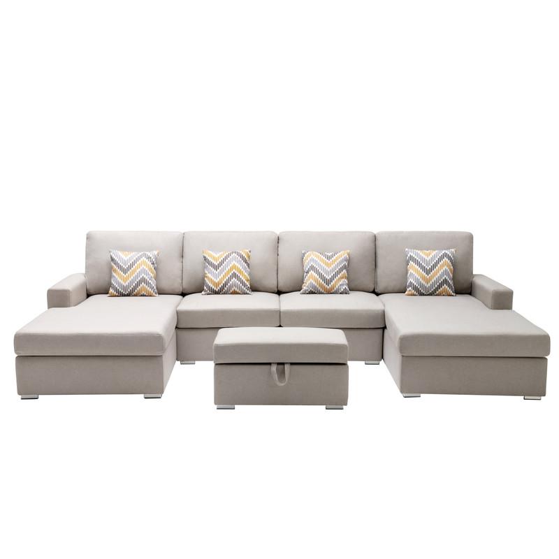 Nolan Beige Linen Fabric 5Pc Double Chaise Sectional Sofa with Interchangeable Legs, Storage Ottoman, and Pillows. Picture 3