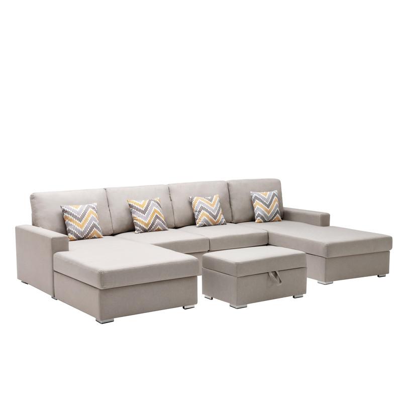 Nolan Beige Linen Fabric 5Pc Double Chaise Sectional Sofa with Interchangeable Legs, Storage Ottoman, and Pillows. Picture 1