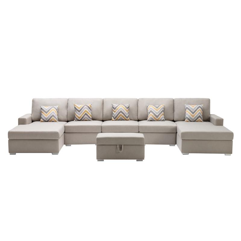 Nolan Beige Linen Fabric 6Pc Double Chaise Sectional Sofa with Interchangeable Legs, Storage Ottoman, and Pillows. Picture 3