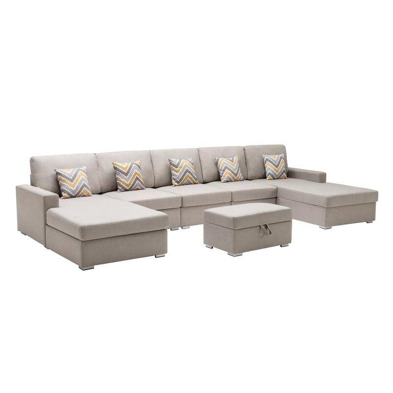 Nolan Beige Linen Fabric 6Pc Double Chaise Sectional Sofa with Interchangeable Legs, Storage Ottoman, and Pillows. Picture 1