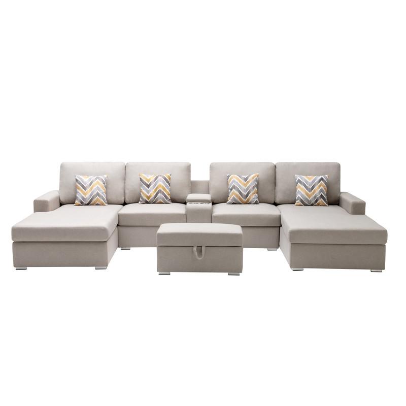 Nolan Beige Linen Fabric 6Pc Double Chaise Sectional Sofa with Interchangeable Legs, Storage Ottoman, Pillows, and a USB, Charging Ports, Cupholders, Storage Console Table. Picture 3