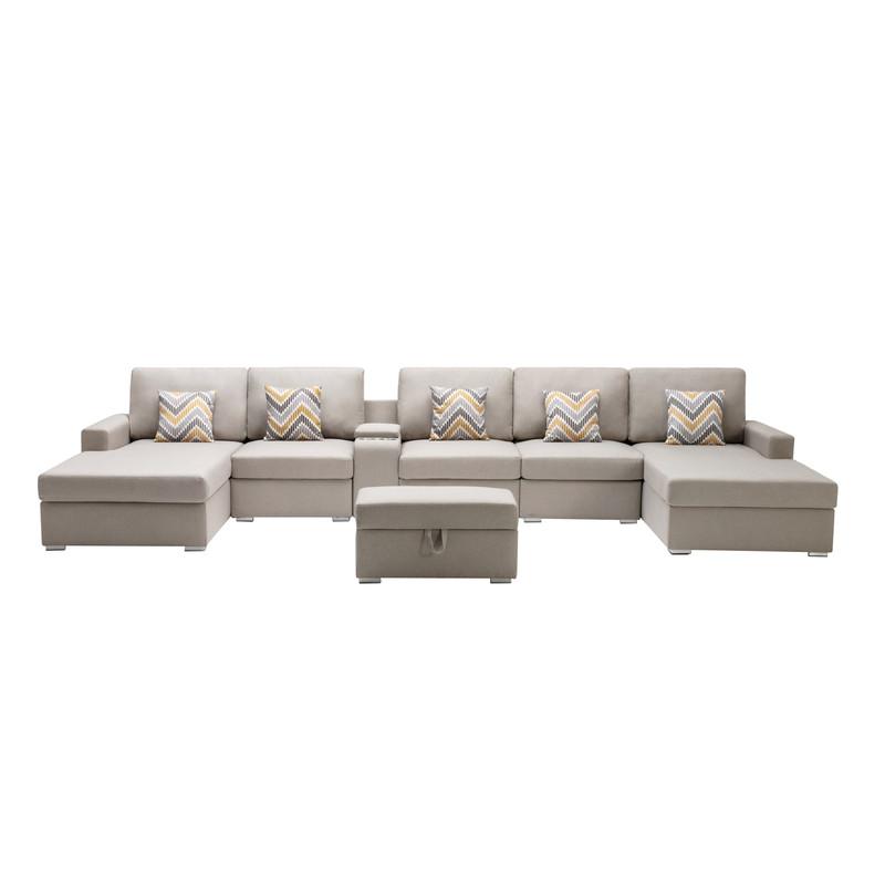 Nolan Beige Linen Fabric 7Pc Double Chaise Sectional Sofa with Interchangeable Legs, Storage Ottoman, Pillows, and a USB, Charging Ports, Cupholders, Storage Console Table. Picture 3
