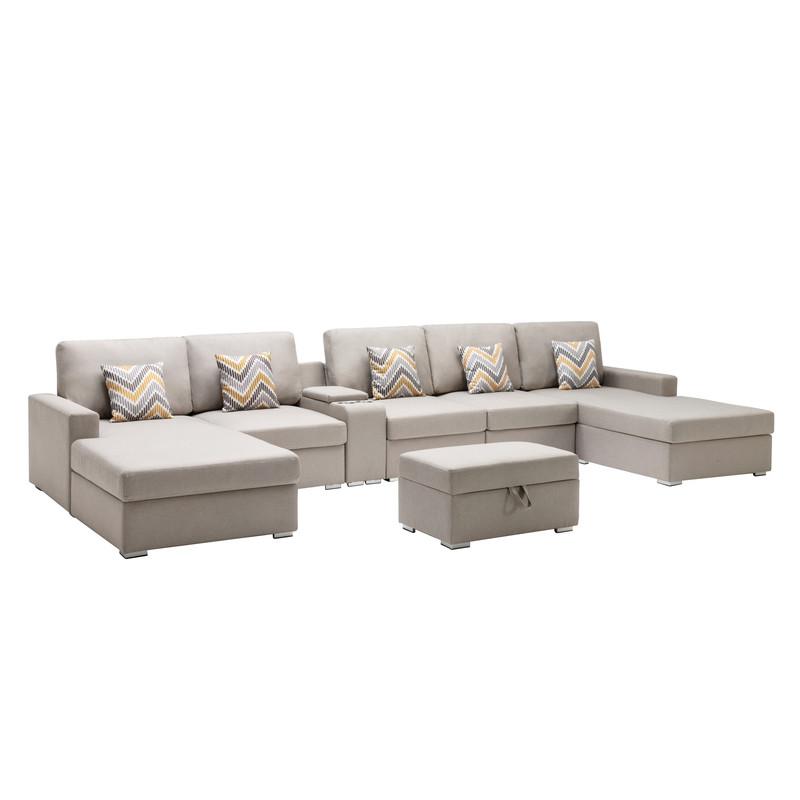 Nolan Beige Linen Fabric 7Pc Double Chaise Sectional Sofa with Interchangeable Legs, Storage Ottoman, Pillows, and a USB, Charging Ports, Cupholders, Storage Console Table. Picture 1