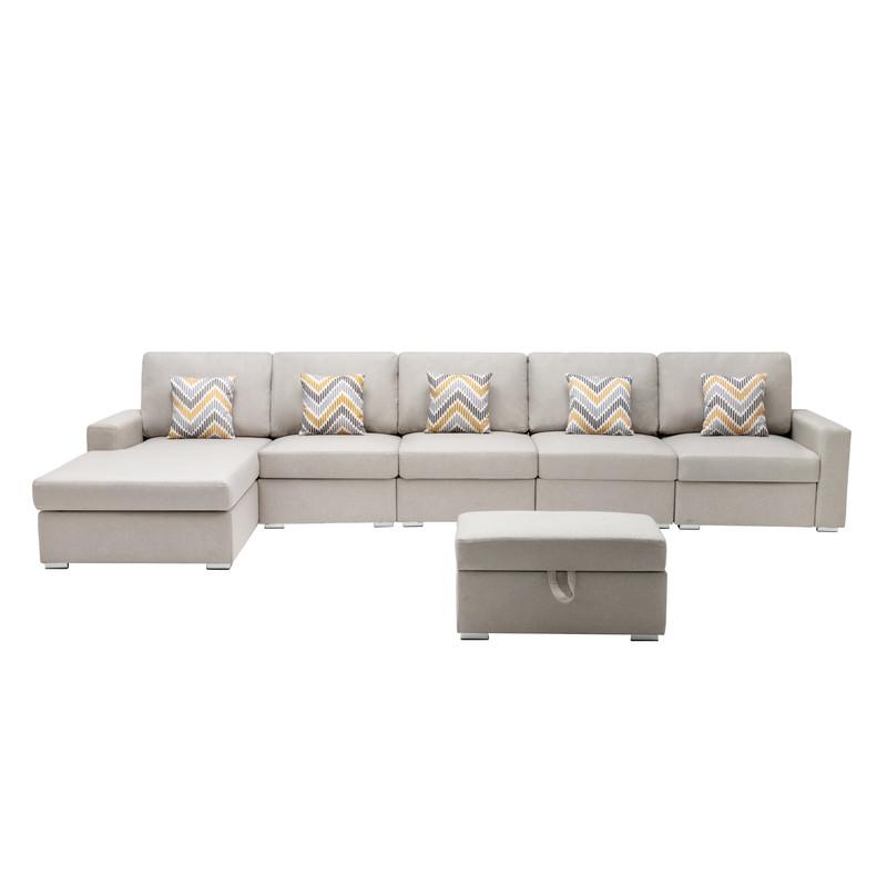 Nolan Beige Linen Fabric 6Pc Reversible Sectional Sofa Chaise with Interchangeable Legs, Pillows and Storage Ottoman. Picture 3