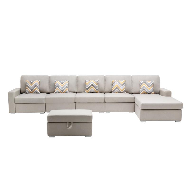 Nolan Beige Linen Fabric 6 Pc Reversible Sectional Sofa Chaise with Interchangeable Legs, Pillows and Storage Ottoman. Picture 3