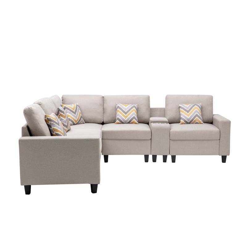 Nolan Beige Linen Fabric 6 Pc Reversible Sectional Sofa with a USB, Charging Ports, Cupholders, Storage Console Table and Pillows and Interchangeable Legs. Picture 6