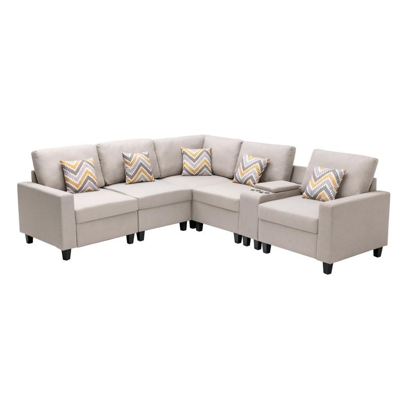 Nolan Beige Linen Fabric 6 Pc Reversible Sectional Sofa with a USB, Charging Ports, Cupholders, Storage Console Table and Pillows and Interchangeable Legs. Picture 5