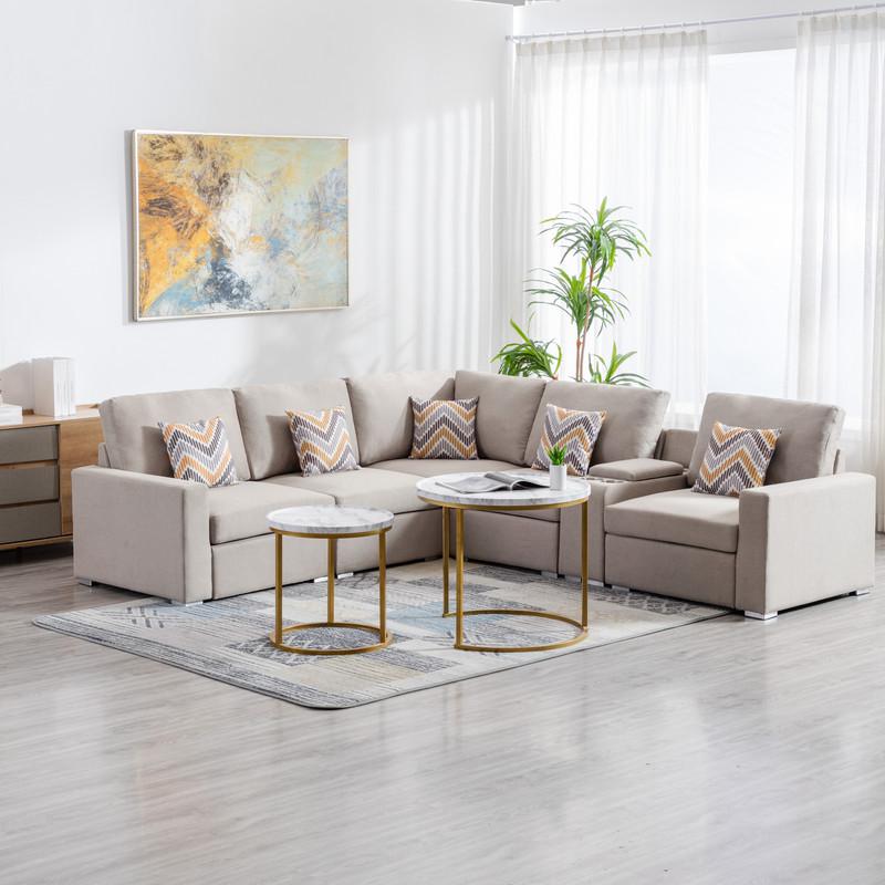 Nolan Beige Linen Fabric 6 Pc Reversible Sectional Sofa with a USB, Charging Ports, Cupholders, Storage Console Table and Pillows and Interchangeable Legs. Picture 4