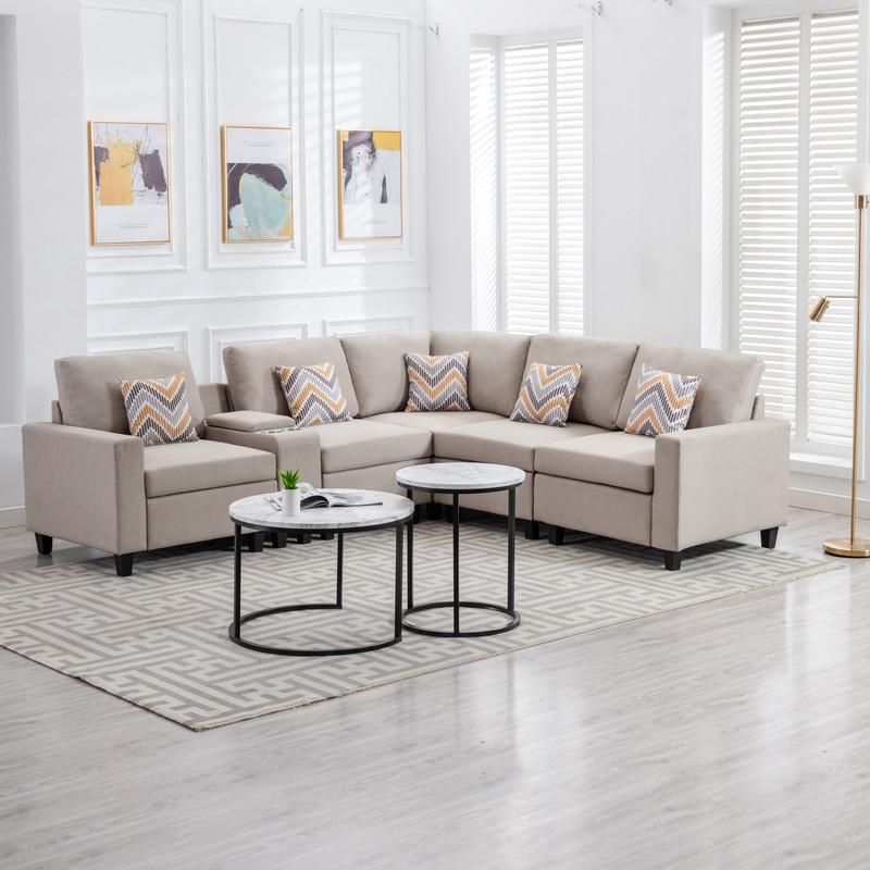 Nolan Beige Linen Fabric 6Pc Reversible Sectional Sofa with a USB, Charging Ports, Cupholders, Storage Console Table and Pillows and Interchangeable Legs. Picture 3