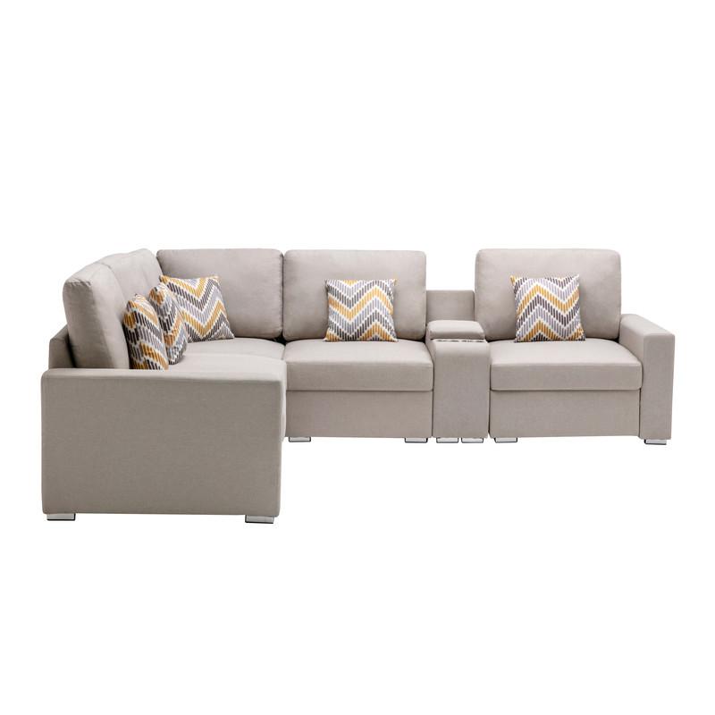 Nolan Beige Linen Fabric 6 Pc Reversible Sectional Sofa with a USB, Charging Ports, Cupholders, Storage Console Table and Pillows and Interchangeable Legs. Picture 2