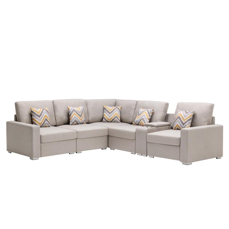 Nolan Beige Linen Fabric 6 Pc Reversible Sectional Sofa with a USB, Charging Ports, Cupholders, Storage Console Table and Pillows and Interchangeable Legs. Picture 1