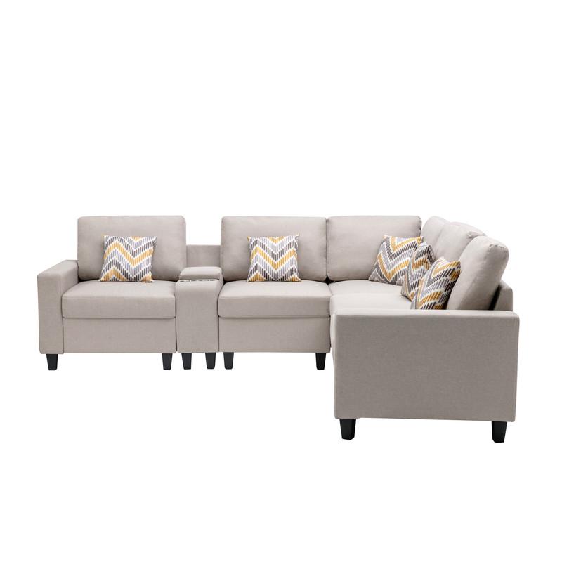 Nolan Beige Linen Fabric 6Pc Reversible Sectional Sofa with a USB, Charging Ports, Cupholders, Storage Console Table and Pillows and Interchangeable Legs. Picture 6