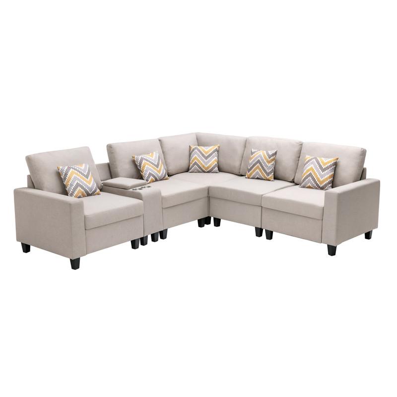Nolan Beige Linen Fabric 6Pc Reversible Sectional Sofa with a USB, Charging Ports, Cupholders, Storage Console Table and Pillows and Interchangeable Legs. Picture 5