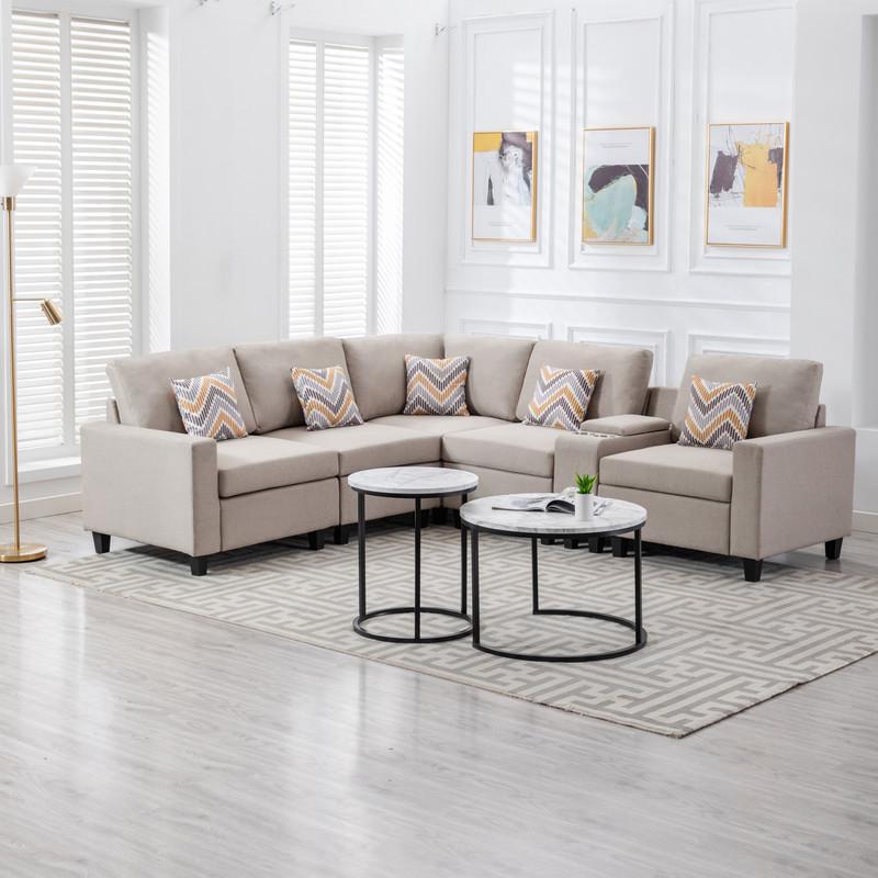 Nolan Beige Linen Fabric 6 Pc Reversible Sectional Sofa with a USB, Charging Ports, Cupholders, Storage Console Table and Pillows and Interchangeable Legs. Picture 4
