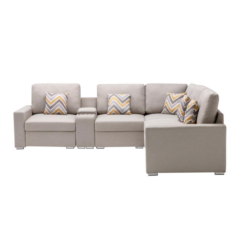 Nolan Beige Linen Fabric 6Pc Reversible Sectional Sofa with a USB, Charging Ports, Cupholders, Storage Console Table and Pillows and Interchangeable Legs. Picture 2