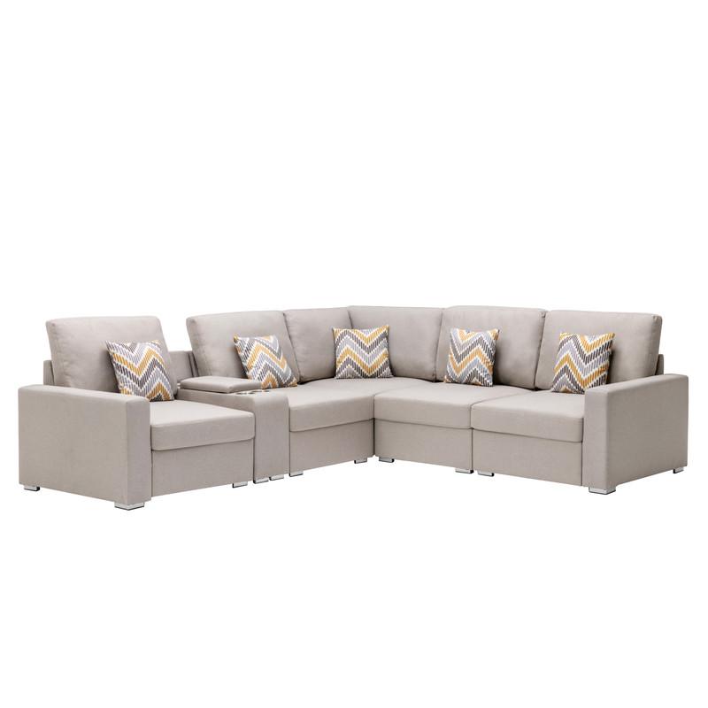 Nolan Beige Linen Fabric 6Pc Reversible Sectional Sofa with a USB, Charging Ports, Cupholders, Storage Console Table and Pillows and Interchangeable Legs. Picture 1