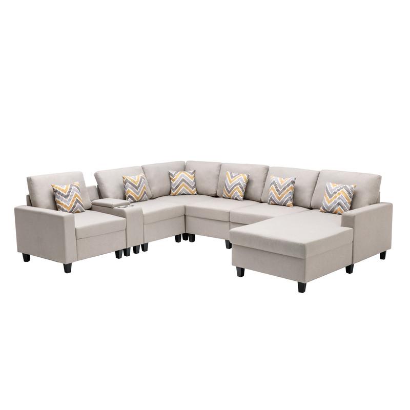 Nolan Beige Linen Fabric 7 Pc Reversible Chaise Sectional Sofa with a USB, Charging Ports, Cupholders, Storage Console Table and Pillows and Interchangeable Legs. Picture 5