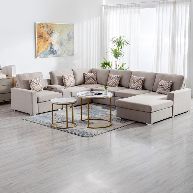 Nolan Beige Linen Fabric 7 Pc Reversible Chaise Sectional Sofa with a USB, Charging Ports, Cupholders, Storage Console Table and Pillows and Interchangeable Legs. Picture 2