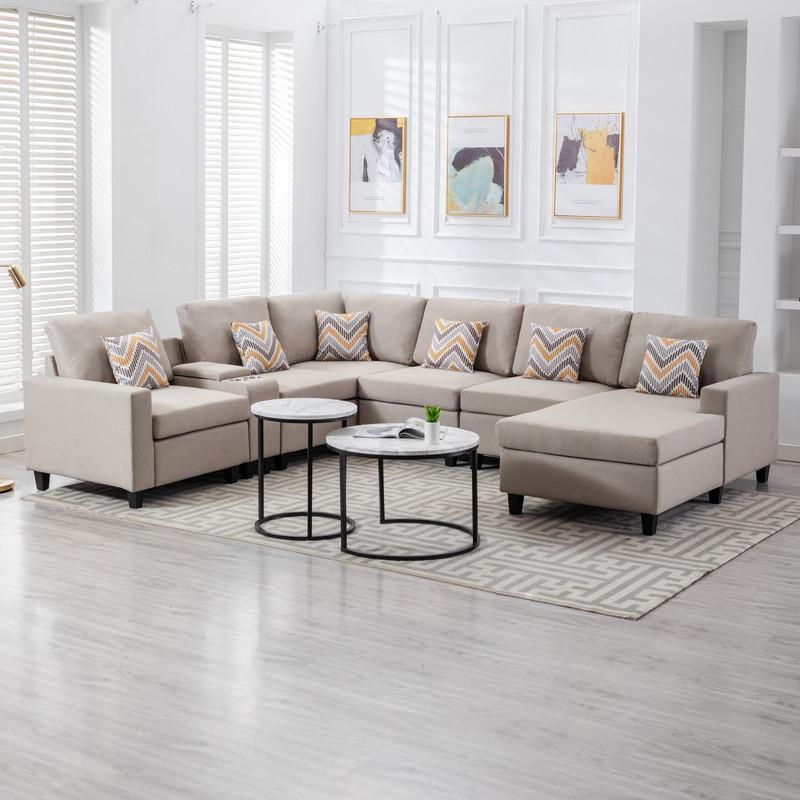 Nolan Beige Linen Fabric 7 Pc Reversible Chaise Sectional Sofa with a USB, Charging Ports, Cupholders, Storage Console Table and Pillows and Interchangeable Legs. Picture 4