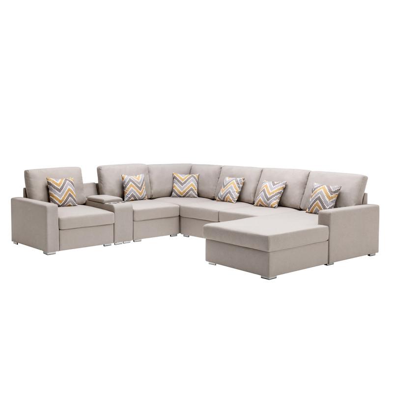 Nolan Beige Linen Fabric 7 Pc Reversible Chaise Sectional Sofa with a USB, Charging Ports, Cupholders, Storage Console Table and Pillows and Interchangeable Legs. Picture 1
